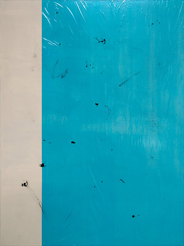 Michaela Zimmer. 180105, 2018. Acrylic, lacquer, PE film on canvas, 185 x 130 cm.