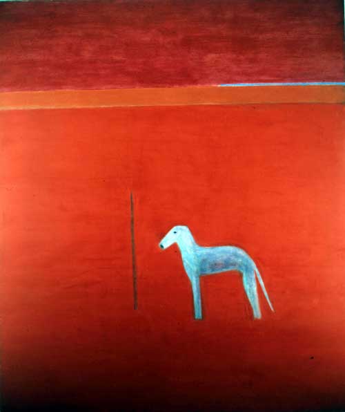 Craigie Aitchison.<i> Dog in Red Painting</i>, 1975 oil on canvas 221 x 
      188 cm. Francis Fry. Photo Roy Fox© the artist