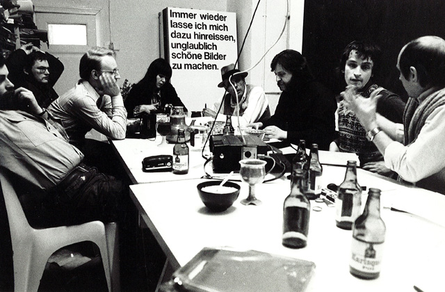 Colloquium held at Dieter Hacker’s Studio (left to right: Gerhard Steidl, Dieter Hacker, Klaus Staeck, Caroline Tisdall, Joseph Beuys, Christos Joachimides, Norman Rosenthal, KP Brehmer), Berlin, 26-27 April 1974