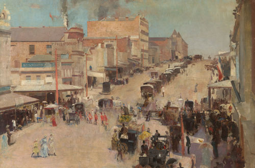 Tom Roberts. Allegro con brio: Bourke Street west c.1885-86, reworked 1890. Oil on canvas on composition board, 51.2 x 76.7 cm. National Gallery of Australia, Canberra and the National Library of Australia, Canberra. Purchased 1918.