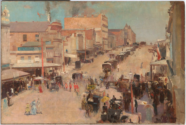 Tom Roberts. Allegro con brio, Bourke Street West, about 1885-6, reworked 1890. Oil on canvas mounted on composition board, 51.2 × 76.7 cm. National Gallery of Australia, Canberra and the National Library of Australia, Canberra. Purchased 1920 by the Parliamentary Library Committee. © National Gallery of Australia, Canberra and the National Library of Australia, Canberra.