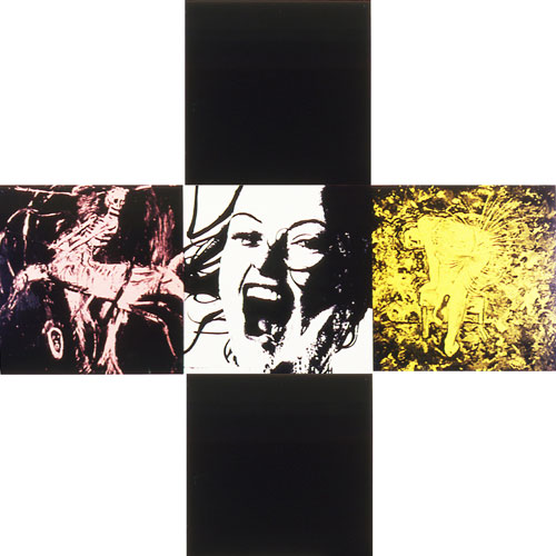 Gretchen Bender. Untitled (The Pleasure is Back), 1982. Five parts; photo silkscreen print on enamel sign tin; support: 61 x 61 cm, each panel displayed: 182.9 x 182.9 cm. © Estate of Gretchen Bender. Image courtesy of The Mint Museum, Charlotte, NC.