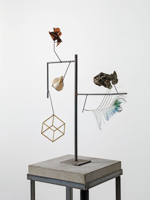 Carol Bove. Heraclitus (detail), 2014. Seashell, feather, found objects, steel, concrete, 182.9 x 45.7 x 31.8 cm. Courtesy the artist, Maccarone, New York and David Zwirner, New York/London.