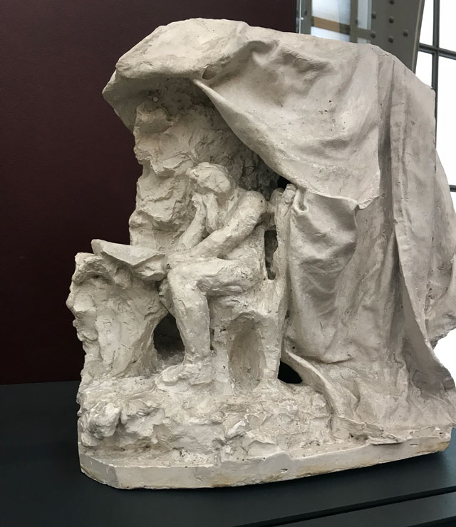 Camille Claudel. 2. Femme à sa toilette ou Femme lisant une lettre (Woman at her Toilette or Woman Reading a Letter), c1895-97. Plaster, 39(h) x 40.5(w) x 29(d) cm. Poitiers, Musée Sainte-Croix. Acquired with the support of the French National Heritage Fund, the Nouvelle-Aquitaine regional acquisition fund (FRAM), Jean-Paul and Isabelle Brasier, Sylvie and Jean-Marc Juric, two anonymous individuals and an anonymous company, the Mutuelle de Poitiers Assurances and the Société des Amis des Musées de Poitiers, © Artcurial / DR. Photograph: Martin Kennedy.