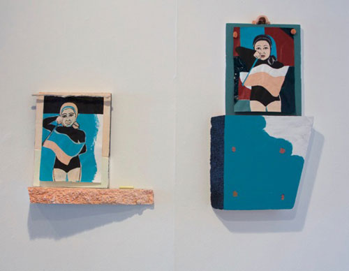 Jennifer Campbell. Left: Garden Party 1950, 2015. Acrylic on polystyrene with mixed media, 38 x 42 x 10 cm. Right: Garden Party 1975, 2015. Acrylic on polystyrene with mixed media, 64 x 35 x 6 cm.