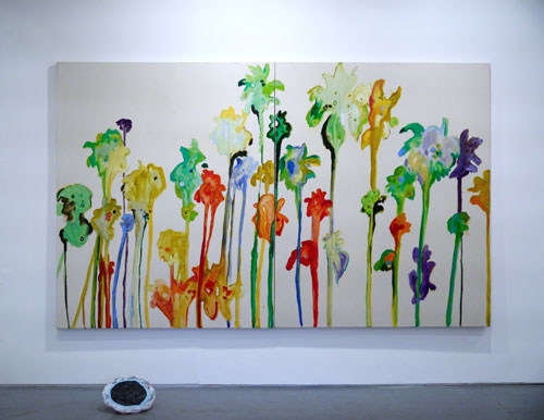 Chloë Manasseh. A tree falls the way it leans. Be careful which way you lean, 2015. Oil on canvas, 168 x 137 cm (66 x 54 in); floor piece, Jennifer Campbell, Pool. Acrylic on mixed media.
