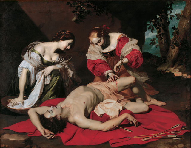 Nicolas Régnier. Saint Sebastian tended by the Holy Irene and her Servant, about 1626-30. Oil on canvas, 171.5 × 219.4 cm. © Ferens Art Gallery, Hull Museums.