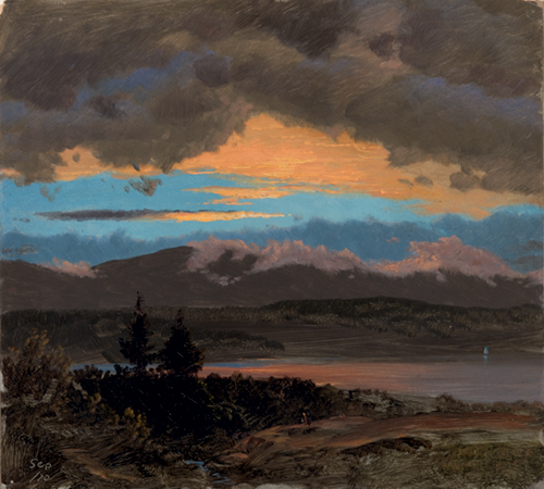 Frederic Edwin Church (American, 1826-1900), <em>Sunset across the Hudson Valley, New York</em>. U.S.A., 1870. Brush and oil paint, graphite on thin cream color paperboard. Gift of Louis P. Church, 1917-4-582-c. Photo: Matt Flynn