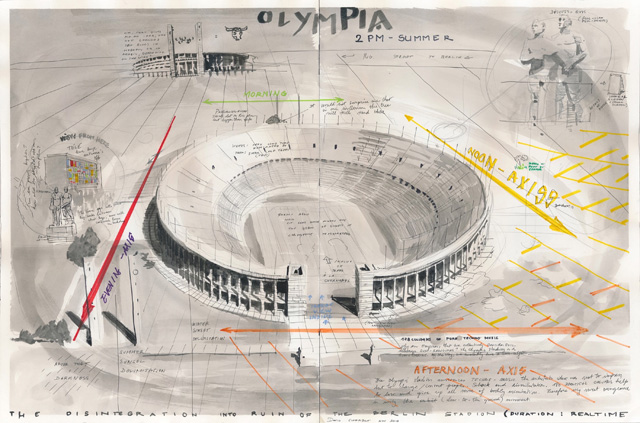 David Claerbout. Olympia Stadion (2PM Summer), 2014. Washed ink, felt pen and pencil on paper, 24 x 36 1/4 in (61 x 92 cm). © David Claerbout. Courtesy of the artist and Sean Kelly. © David Claerbout. Courtesy of the artist and Sean Kelly.