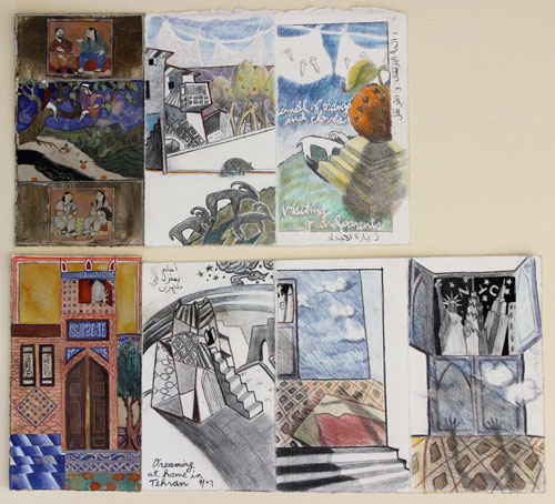 Valerie Hird. Maiden Voyages Project, 2009. Excerpt from Iranian Diary (top row – October 2009, bottom row – July 2009). Graphite, watercolour, asphaltum, ink, coloured pencil. Top row: 18.5 (H) x 31.5 (W) cm. Bottom row: 18.5 (H) x 42 (W) cm.