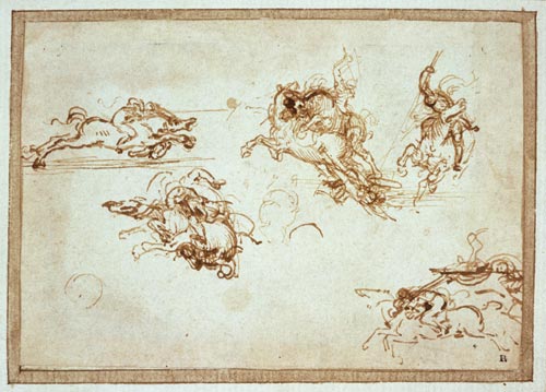 Leonardo da Vinci. Studies of horses and horsemen for the Battle of Anghiari, c.1503. 8.3 x 12 cm. Pen and Ink. The British Museum, London