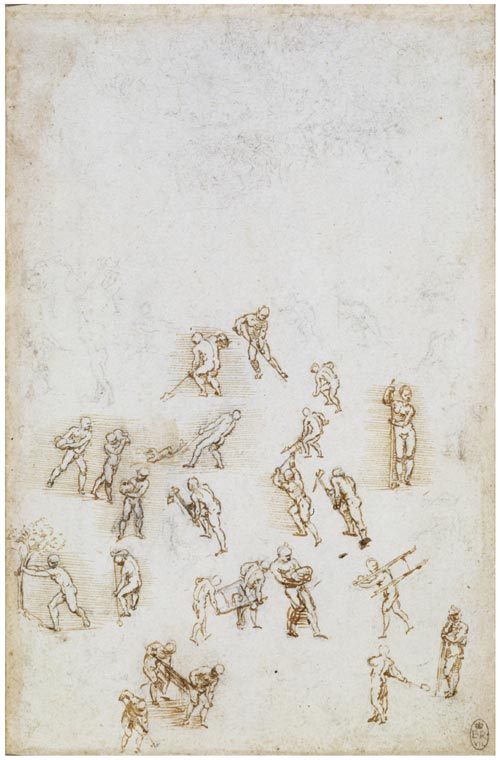 Leonardo da Vinci. Men at work, digging, carrying, pulling etc, c.1509. 20.1 x 13 cm. Black chalk with some pen. Royal Collection © 2006 Her Majesty Queen Elizabeth II.