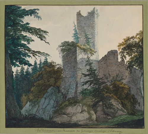 Carl Philipp Fohr (1795-1818). The Ruins of Hohenbaden, 1814-15. Watercolour on wove paper; ruled border in brown ink; partially laid down on the original green wove paper album folio, 195 x 221 mm. 	The Morgan Library & Museum.