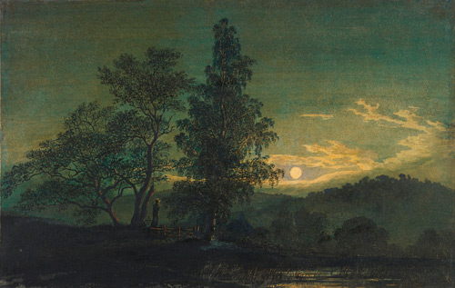 Caspar David Friedrich (1774-1840). Moonlit landscape, c. 1808. Watercolour on paper, 232 x 365 mm. The Morgan Library & Museum.