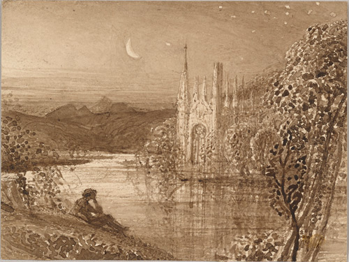 Samuel Palmer (1805-1881). The Haunted Stream, c. 1826. Brush and brown ink and brown ink wash on wove paper, 92 x 123 mm. The Morgan Library & Museum.