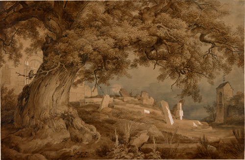 Karl Friedrich Lessing (1808-1880). Landscape with a cemetery and a church, 1837. Pen and brown ink and black inks, brush and brown ink, brown ink wash watercolour, opaque watercolour, and graphite with cut and adhered paper correction, on brown wove paper, 291 x 447 mm. The Morgan Library & Museum.