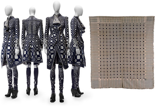 Left: Original ensemble by Gary Graham. Photograph: Mete Ozeren. Right: Ann Carll Coverlet: Blazing Star and Snowballs. Attributed to the Mott Mill (act. 1810–c. 1850), Westbury, New York, 1810. Indigo-dyed wool, natural cotton, 93 x 79 in. Collection American Folk Art Museum, New York. Gift of Margot Paul Ernst in memory of Susan B. Ernst. Photograph: Schecter Lee, New York.
