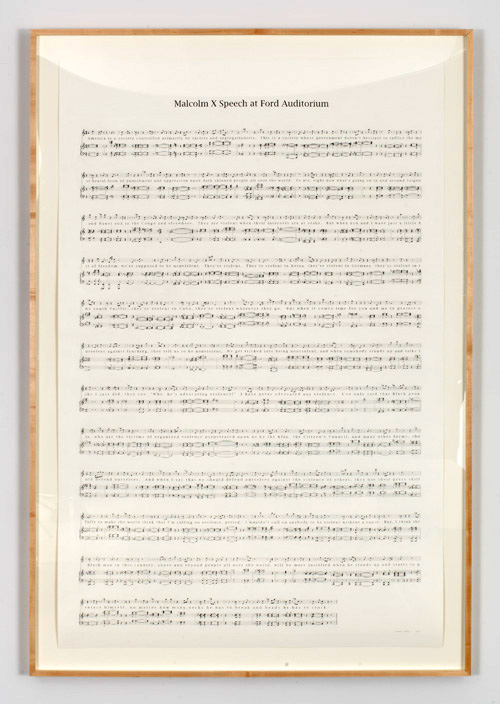 Charles Gaines. Manifestos 2: Malcolm X Speech at Ford Auditorium, (1965) 2013. Graphite on Rising Barrier paper, 73.50 x 48 in. 
Image courtesy of the Artist and Paula Cooper Gallery.