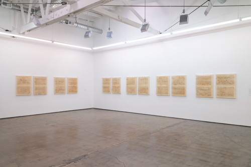 Charles Gaines. Librettos: Manuel De Falla/Stokley Carmichael. Installation view at Art + Practice, Los Angeles, CA. Printed ink stained paper and lightjet print on acrylic, 36 x 56 x 3 in. Photograph: Joshua White. Courtesy of the Artist and Art + Practice, Los Angeles