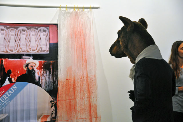 Peter Hill, The Hermann Nitsch Shower Curtain, 1988 - ongoing. With pop-up Performance by Michael Vale as The Smoking Dog, at Margaret Lawrence Gallery (VCA) Melbourne
during opening night of Peter Hill’s 25 year retrospective Desire Paths to a Fictional World, March, 2012.