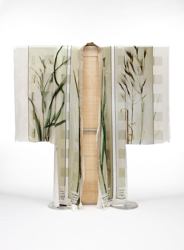 Anthea Hamilton. British Grasses Kimono, 2015. Digitally printed silk, cotton, wicker, cotton rope, stainless steel frame. Courtesy the artist and Loewe Foundation. Photograph: Lewis Ronald.