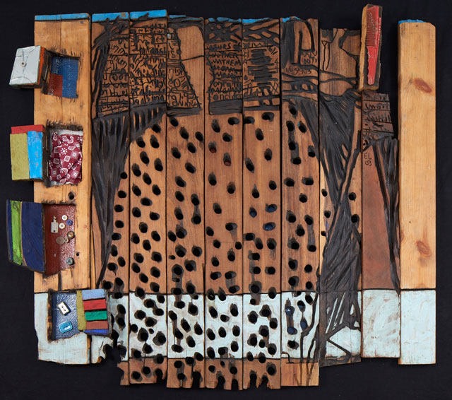 El Anatsui. Oga, 2003. Wood, acrylic, kente cloth and found objects, 100 x 113 x 10 cm. Image courtesy the artist, courtesy The Heong Gallery.