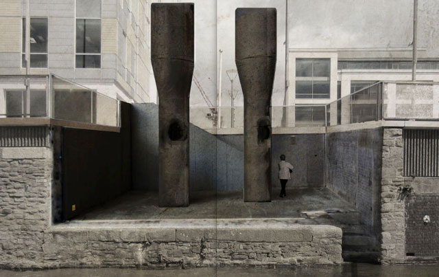 Roger Hiorns. The retrospective view of the pathway, 2016. Artist impression, courtesy of Witherford Watson Mann architects. Two seven-metre-tall black granite furnaces on Bristol’s Temple Quay Central, part of an Art and the Public Realm Bristol commission.