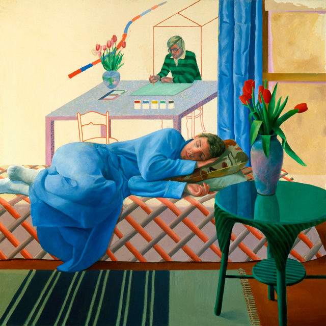 David Hockney. Model with Unfinished Self Portrait, 1977. Oil paint on canvas, 152.4 x 152.4 cm. Private collection c/o Eykyn Maclean. © David Hockney.
