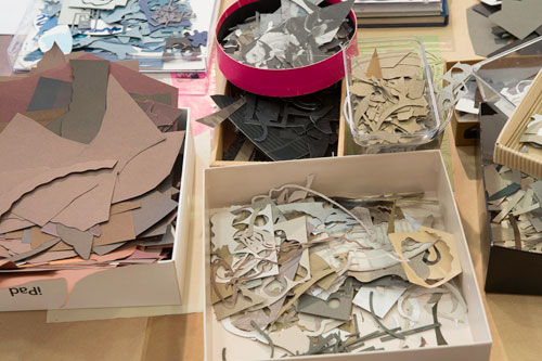Charlotte Hodes. Studio interior with collage materials (2), London, May 2013. Photograph: Nick Howard.