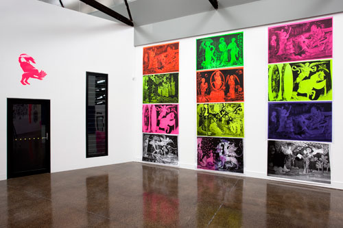 Irene Barberis. Apocalypse Posters: interventions into the 'Angers Tapestry', … birds will eat the flesh of kings … ( Revelation 19 17, 18), 2012. Fluorescent oil based printing ink, printed on BFK Poster paper, 1 of 5, 70 x 90 cm.

Photograph: Mark Ashkanasy.