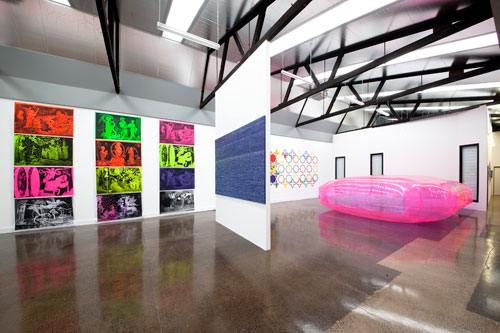 Irene Barberis. Installation view at Gallery Langford120. Slow Release, 2007. Welded Polyvinyl Chloride, handwritten marker texts, pumped air and artist's breath, 5 x 6 x 1.5 metres.

Photograph: Mark Ashkanasy.