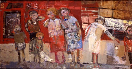 Joan Eardley. Back Street Children Playing, 1960. Oil on board, 101 x 179 x 2 cm. Private Collection © With kind permission of the Eardley Estate.