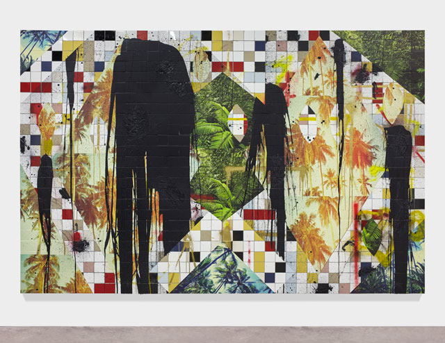 Rashid Johnson. Untitled Escape Collage, 2016. Ceramic tile, black soap, wax, vinyl, spray enamel, 237.5 x 360 x 7.6 cm (93 1/2 x 141 3/4 x 3 in).