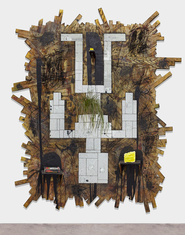 Rashid Johnson. Falling Man, 2015. Burned red oak flooring, spray enamel, mirror, black soap, wax, shea butter, book, rug, 293.4 x 261.6 x 65.4 cm (115 1/2 x 103 x 25 3/4 in)>