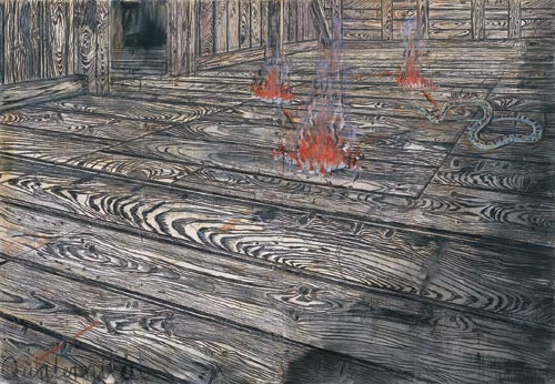 Anselm Kiefer.<em> Quaternity</em> 1973. Oil and charcoal on burlap, 117 1/2 x 170 1/4 in (298.4 x 432.4 cm).