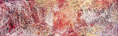Emily Kame Kngwarreye. <em>Yam Awely(e)</em>, 1995. Synthetic polymer paint on canvas 150.0 x 491.0 cm. National Gallery of Australia, Canberra. Gift of the Delmore Collection, Donald and Janet Holt, Delmore Downs, Alice Springs