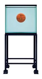 Jeff Koons. One Ball Total Equilibrium Tank (Spalding Dr. J 241 Series), 1985. Glass, steel, sodium chloride reagent, distilled water, basketball, 64 3/4 x 30 3/4 x 13 1/4 in (164.5 x 78.1 x 33.7 cm). Collection of B. Z. and Michael Schwartz. © Jeff Koons.