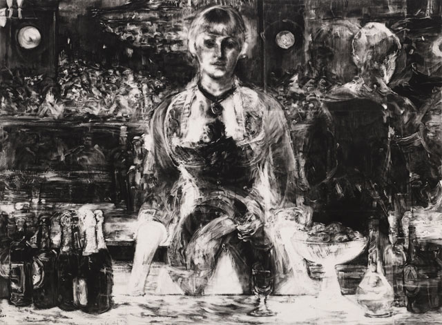 Robert Longo. Untitled (X-Ray of A Bar at the Folies-Bergère, 1882 after Manet), 2017. Charcoal on mounted paper, 243.8 x 330.8 cm. Courtesy Galerie Thaddaeus Ropac London · Paris · Salzburg. Photograph: Artist Studio.
