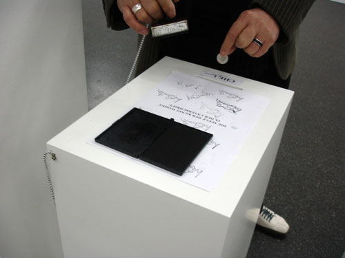 Luis Camnitzer. <em>Self-service,</em> 1996/2010. Photocopies, rubber stamp, ink pad and seven wooden bases, dimensions variable. Daros Latinamerica Collection, Zurich.