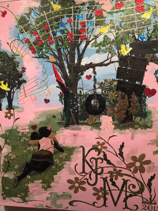 ﻿Kerry James Marshall. Untitled (Vignette), 2012. Acrylic and glitter on PVC panel, 72 × 60 in (182.9 × 152.4 cm). Collection of Martin Nesbitt and Dr. Anita Blanchard.
