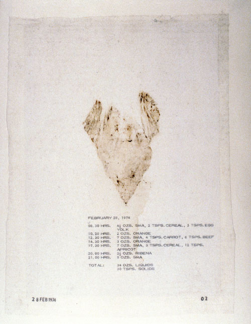 Mary Kelly. Post-Partum Document, 1973–79. <em>Documentation I, Analysed Faecal Stains and Feeding Charts</em>, (detail) 1974. Perpsex units, white card, diaper linings, plastic sheeting, paper,ink, 31 units, 28 x 35.5 cm each. Courtesy Werner Kaligofsy and the artist. Collection of the Art Gallery of Ontario.