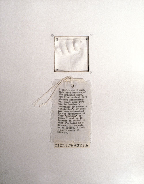 Mary Kelly. Post-Partum Document, 1973–79. <em>Documentation IV, Transitional Objects, Diary and Diagram</em>, (detail) 1976. Perpsex units, white card, plaster, cotton fabric
1 of the 8 units, 28 x 35.5 cm . Courtesy Werner Kaligofsy and the artist. Collection of Kunsthaus Zurich.