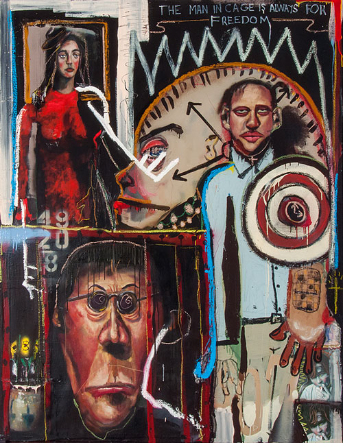 John Mellencamp. Man in the Cage, 2008. Mixed media/canvas, 72 x 56 in. Image courtesy of the artist. © John Mellencamp.