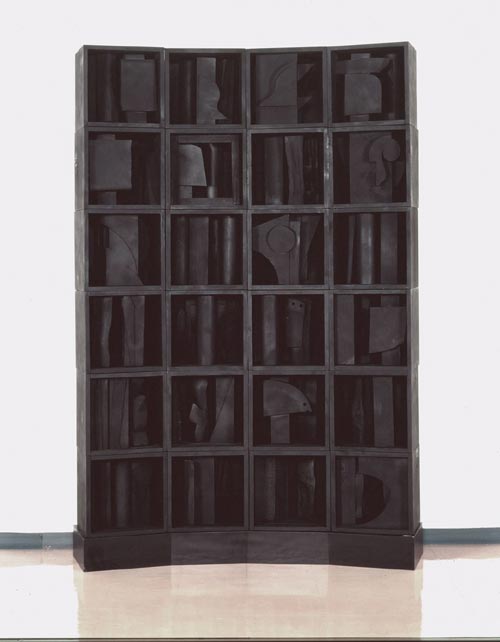 Louise Nevelson, <em>Self-Portrait: Silent Music IV</em>, 1964, wood painted black, 90 x 65 ½ x 18 in. (229 x 166.5 x 46 cm).  Hyogo Prefectural Museum of Art, Japan. © Estate of Louise Nevelson / Artists Rights Society (ARS), New York.