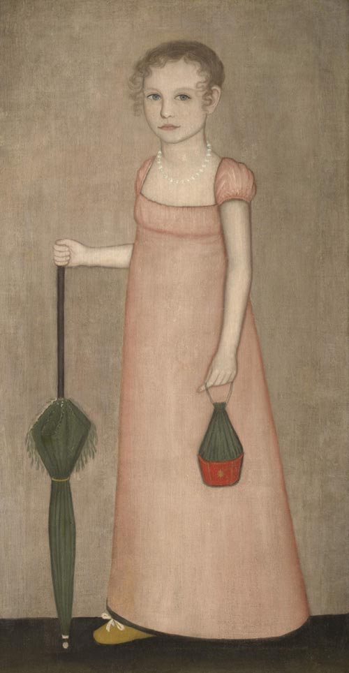 Ammi Phillips. <em>Harriet Campbell,</em> c. 1815. Oil on canvas, 48 1/2 x 25 inches (51 7/8 x 28 7/8 inches framed).  Sterling and Francine Clark Art Institute, Williamstown. Massachusetts. Gift of Oliver Eldridge n memory of Sarah Fairchild Anderson, teacher of art, North Adams Public Schools, daughter of Harriet Campbell, 1991.8. Photograph by Michael Agee, courtesy of Imaging Department ã President and Fellows of Harvard College