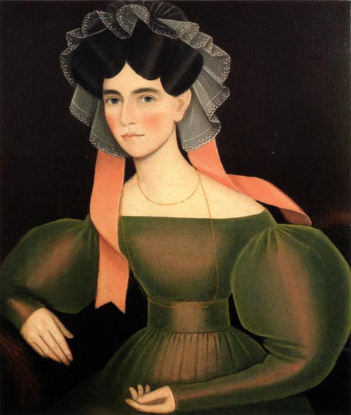 Ammi Phillips. <em>Woman with Pink Ribbons,</em> c. 1830. Oil on canvas, 32 x 27 1/2 inches. Collection of Peter and Barbara Goodman