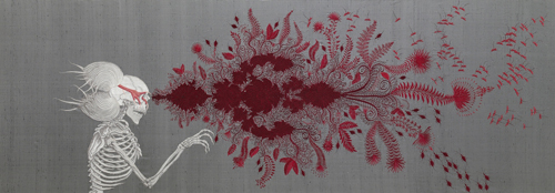 <strong>Angelo Filomeno</strong>.        <em>Death of Blinded Philosopher</em>, 2006. 
Embroidery on silk shantung, linen, and crystals. 
42 x 122 in. (106.7 x 309.9 cm). 
Collection of the artist; courtesy Galerie Lelong, New York. Photo: Michael Bodycomb