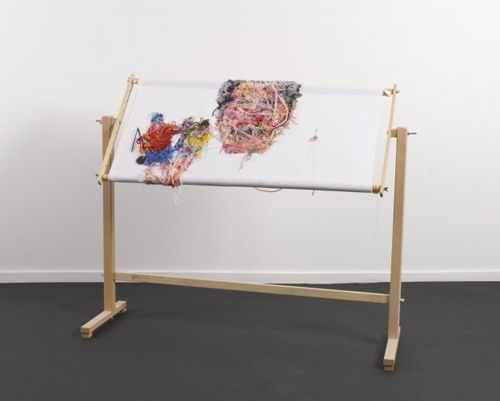 <strong>Simon Withers</strong>.          <em>Stories from Nanna Roosie</em>, 2004. 
        Hand-embroidered wool and cotton yarns on 12-count cotton Interlock canvas, beech wood embroidery frame, steel needle<br>
        38 3/16 x 40 15/16 x 13 in. (97 x 104 x 33 cm). 
      Collection of the artist. Photo: Nick Dunmur