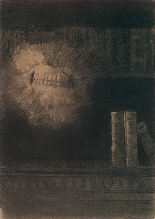 Odilon Redon. <em>The Teeth</em> 1883, Various charcoals and black chalk, with stumping, erasing and incising, on cream wove paper, altered to a golden tone 20 1/8 x 14 1/2 in. The Musuem of Modern Art, New York, Gift of the Ian Woodner Family Collection, 2000.