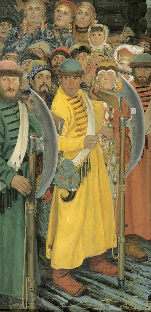 Andrei Ryabushkin. <em>They Are Coming (Muscovites Awaiting Entry of a Foreign Consul to Moscow in the late 17th Century)</em>, 1901. Oil on canvas 204 x 102 cm. Image courtesy of the State Russian Museum, St Petersburg